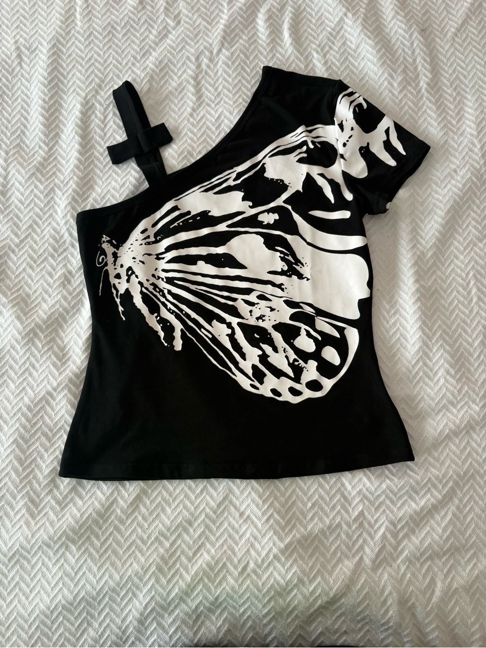 Black One-Shoulder Butterfly Print Women's Top